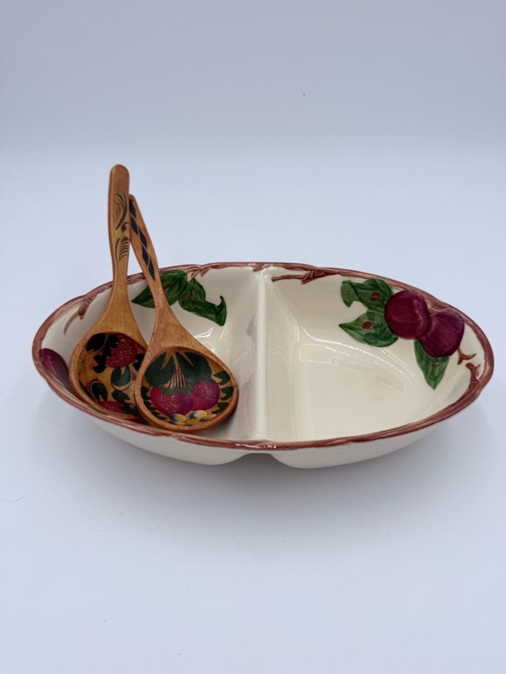 Franciscan Apple Divided Oval Serving Vegetable Bowl USA With 2 Serving Spoons